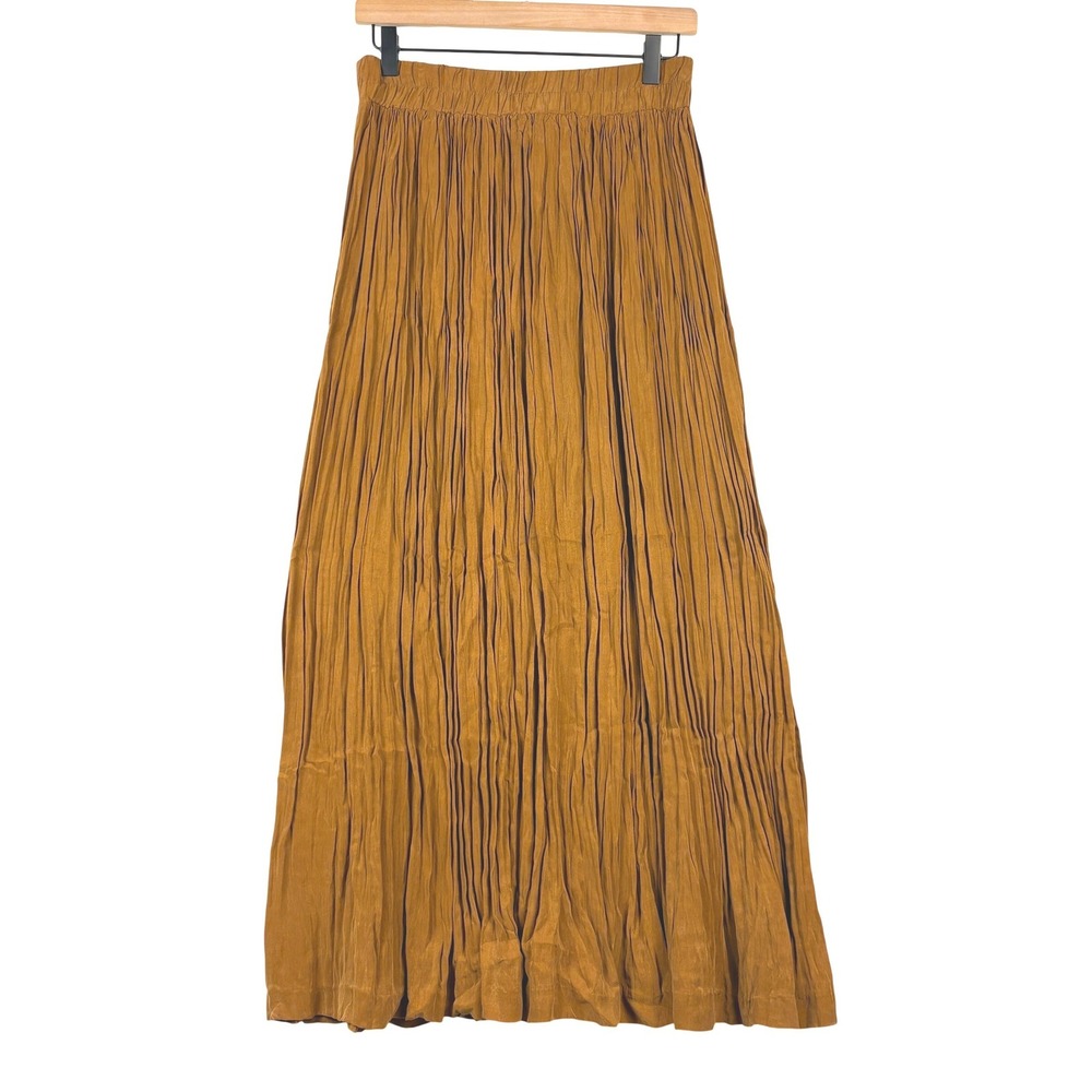 Crushed Crinkle Pleated Boho Maxi Skirt S Mustard VTG Stonebridge Fall Peasant